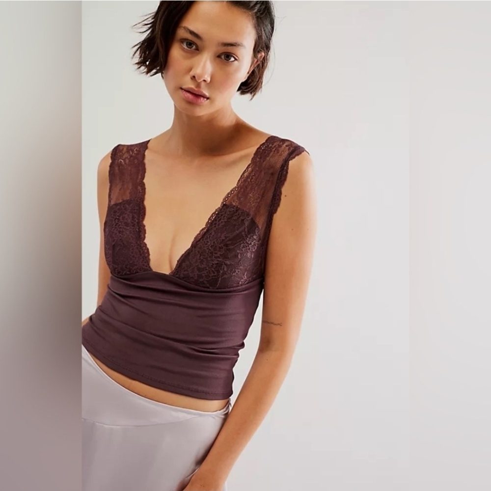NWT Intimately Free People Power Play Cami Lace Sleeveless Top Brown Cocoa XS